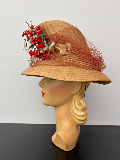 1930s/40s Straw Chimney Hat With Flowers and Veil