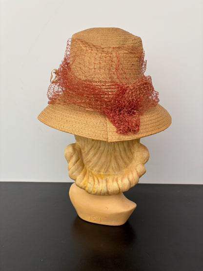 1930s/40s Straw Chimney Hat With Flowers and Veil