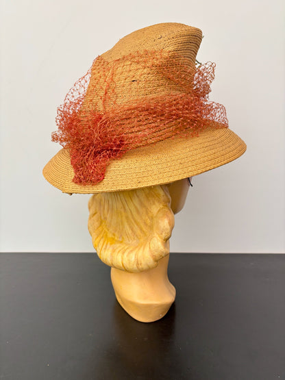 1930s/40s Straw Chimney Hat With Flowers and Veil