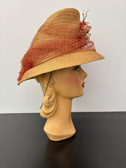 1930s/40s Straw Chimney Hat With Flowers and Veil