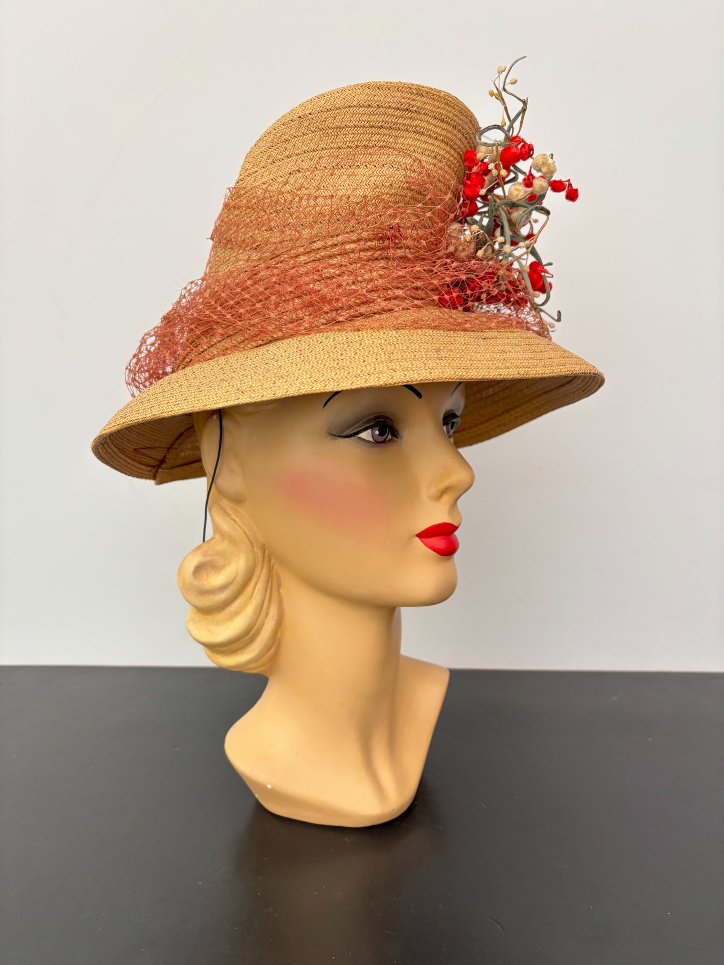 1930s/40s Straw Chimney Hat With Flowers and Veil