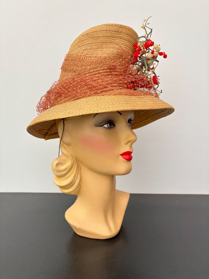 1930s/40s Straw Chimney Hat With Flowers and Veil