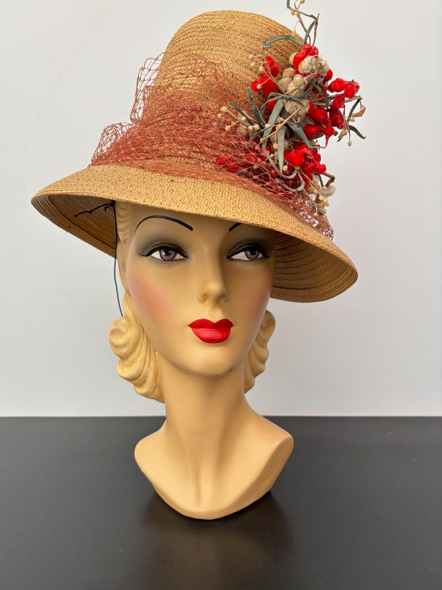 1930s/40s Straw Chimney Hat With Flowers and Veil