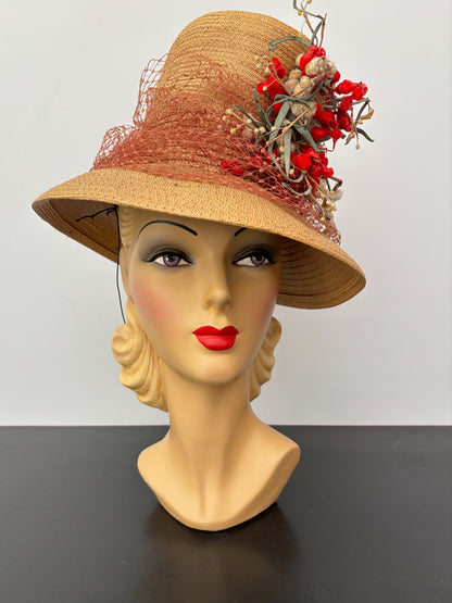 1930s/40s Straw Chimney Hat With Flowers and Veil