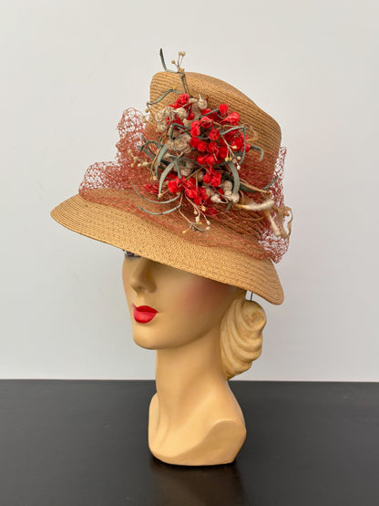 1930s/40s Straw Chimney Hat With Flowers and Veil