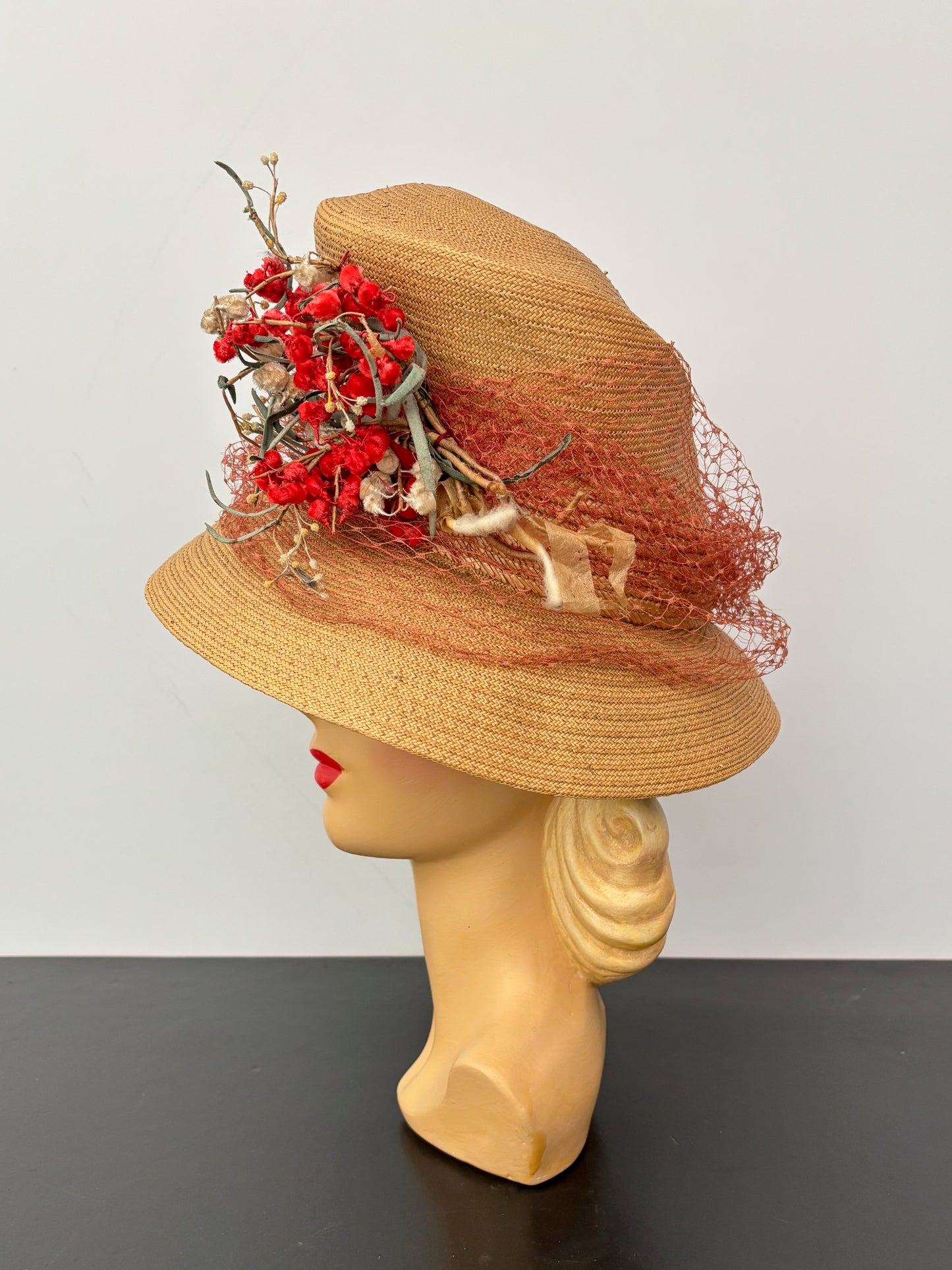 1930s/40s Straw Chimney Hat With Flowers and Veil