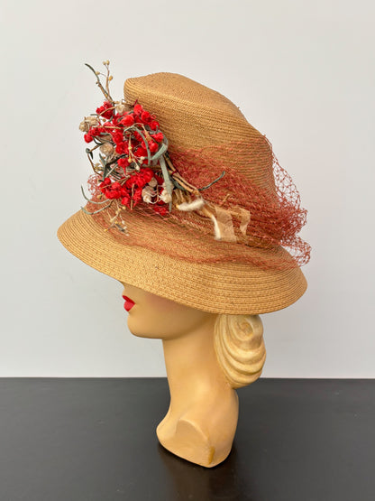 1930s/40s Straw Chimney Hat With Flowers and Veil