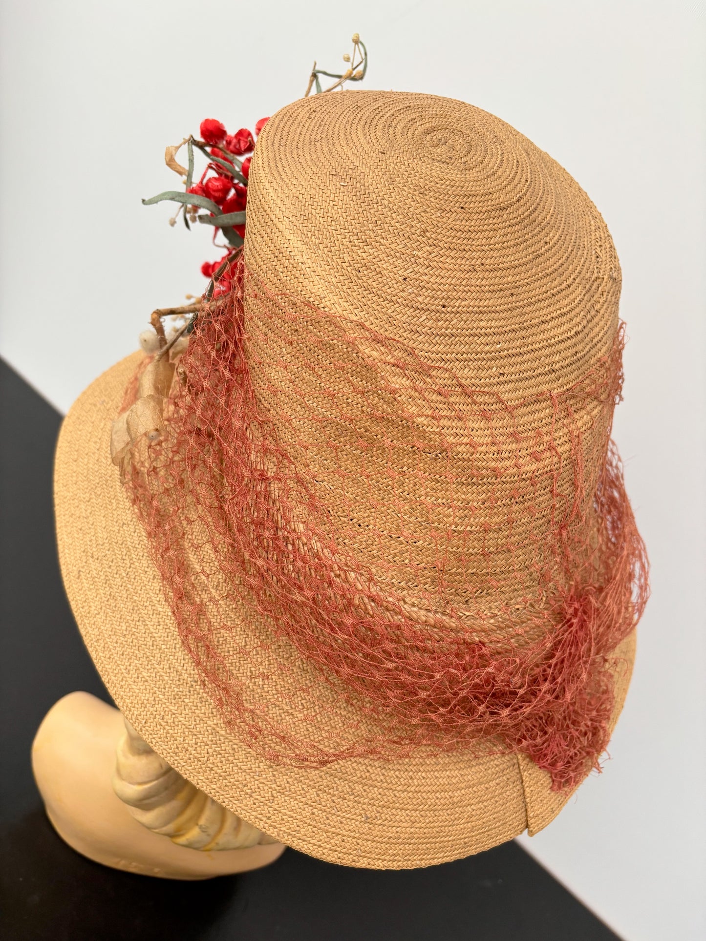 1930s/40s Straw Chimney Hat With Flowers and Veil