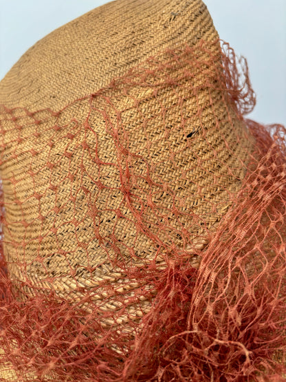 1930s/40s Straw Chimney Hat With Flowers and Veil