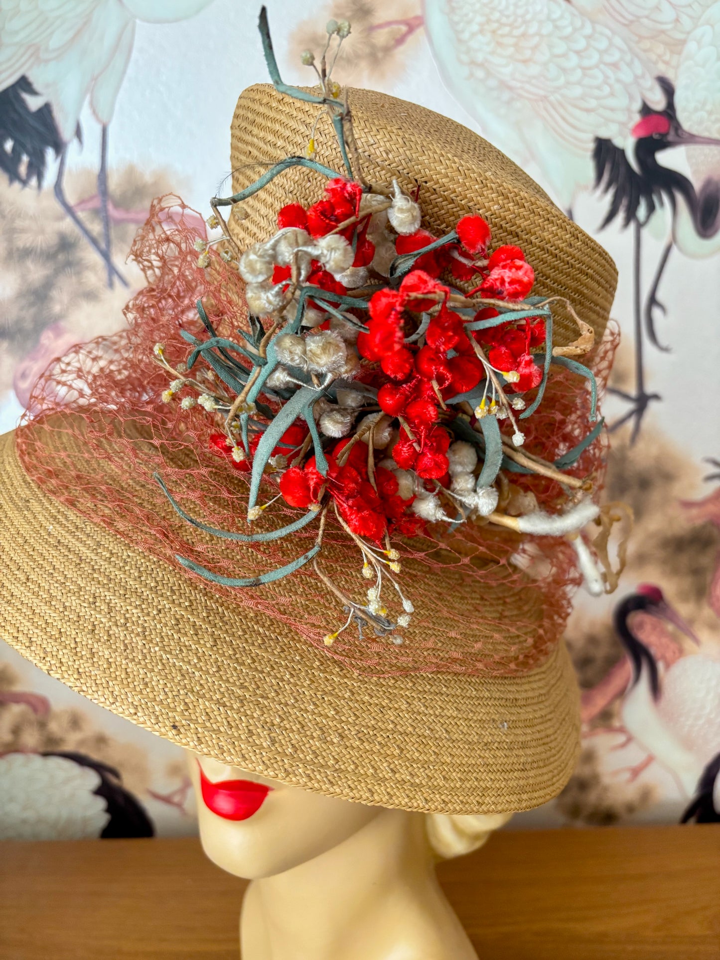 1930s/40s Straw Chimney Hat With Flowers and Veil