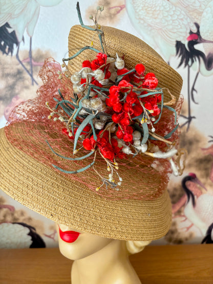 1930s/40s Straw Chimney Hat With Flowers and Veil
