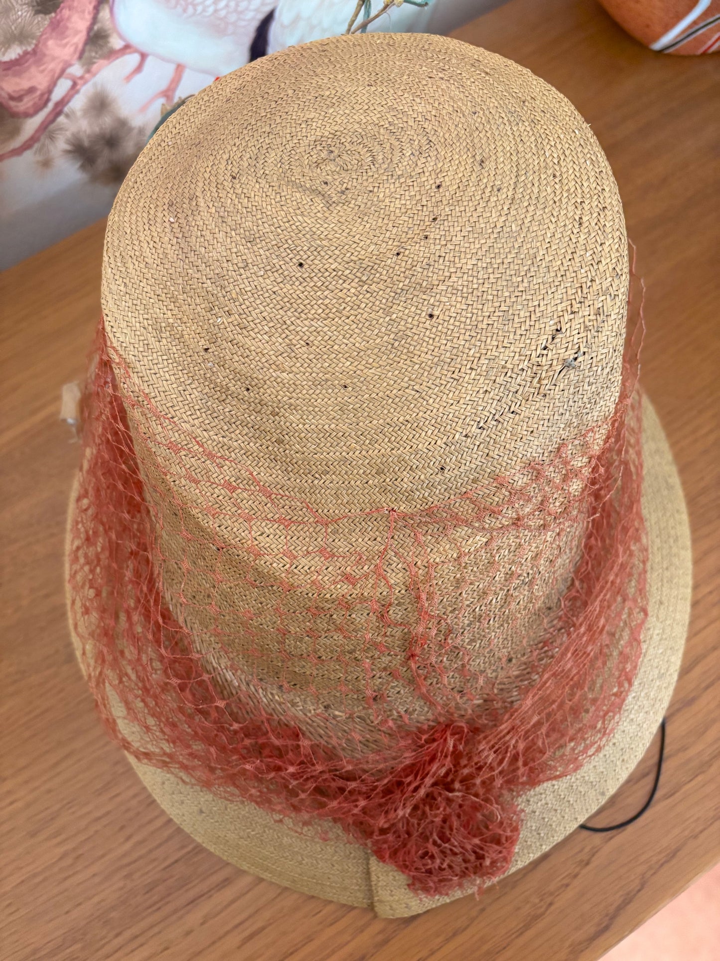 1930s/40s Straw Chimney Hat With Flowers and Veil