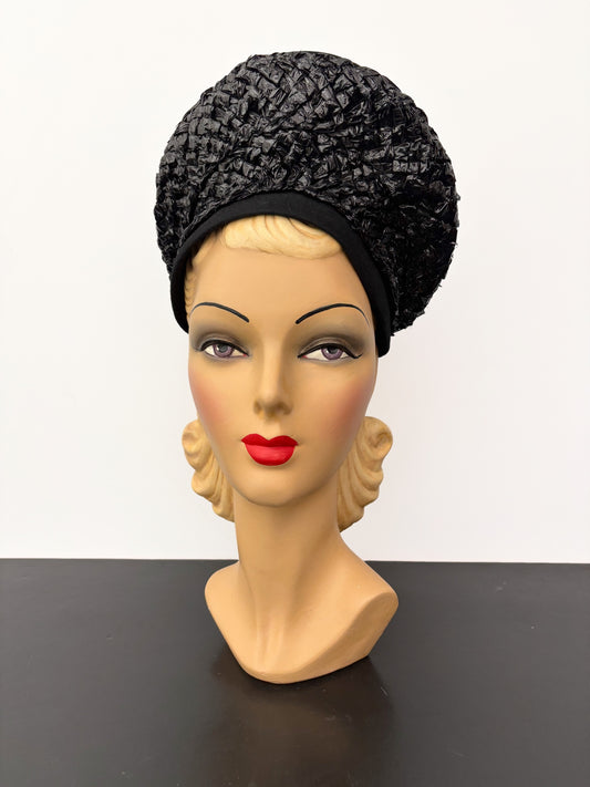 1940s/50s Black Raffia High Crown Hat