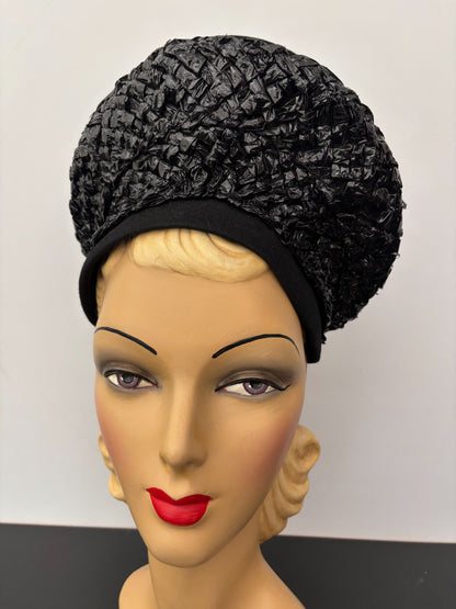 1940s/50s Black Raffia High Crown Hat