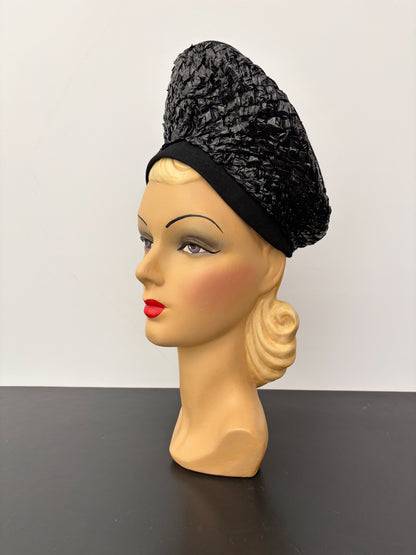 1940s/50s Black Raffia High Crown Hat