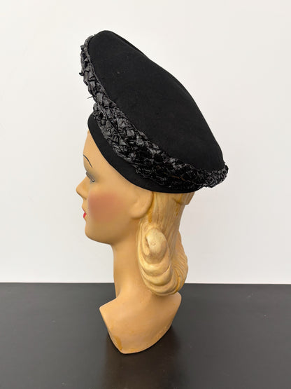 1940s/50s Black Raffia High Crown Hat