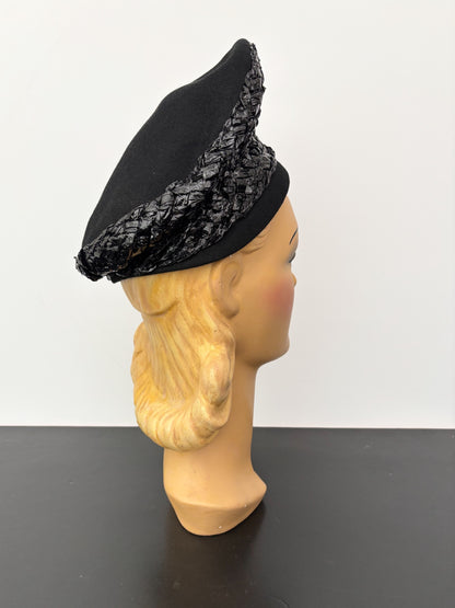 1940s/50s Black Raffia High Crown Hat