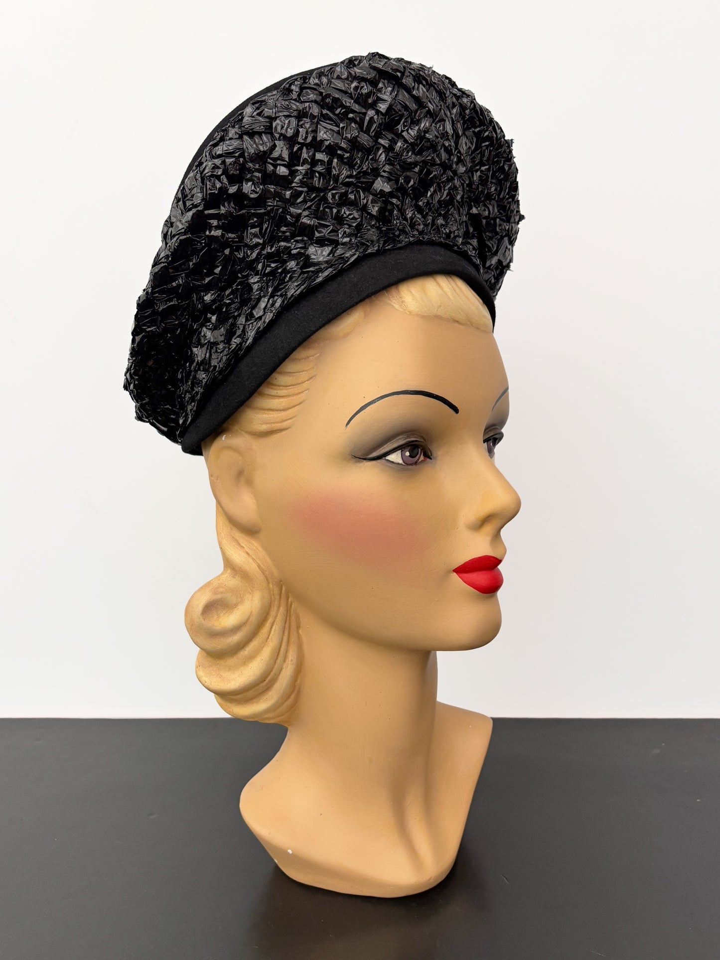 1940s/50s Black Raffia High Crown Hat