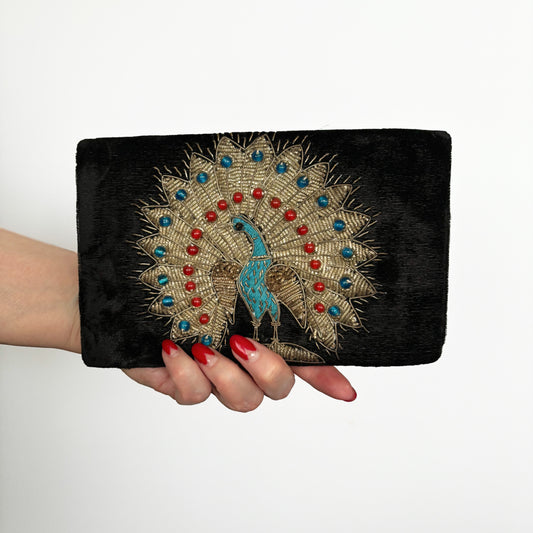 1950s Metal Gold Thread Embroidered Peacock Velvet Clutch