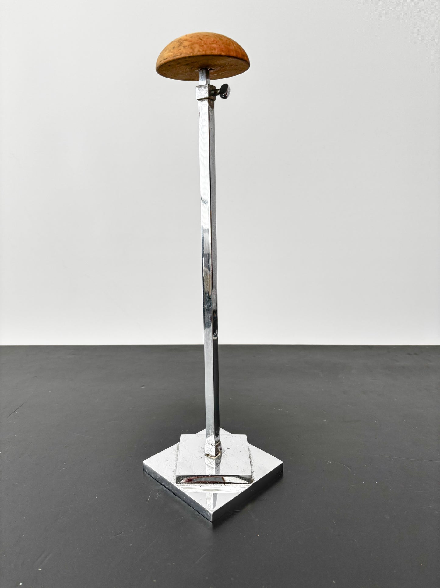 Art Deco Metal Hat Stand With Wooden Top, Adjustable 36–62 cm / 14–24.5"