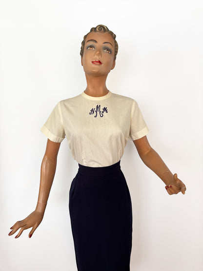 L | 1950s Monogram Blouse