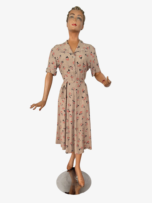 XL | 1940s Rayon Day Dress With Floral Print