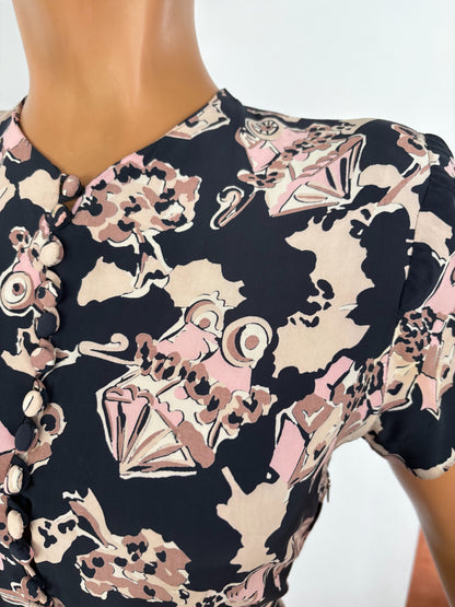 S | 1940s Carole King Novelty Print Dress
