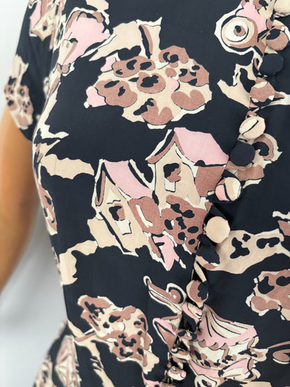 S | 1940s Carole King Novelty Print Dress