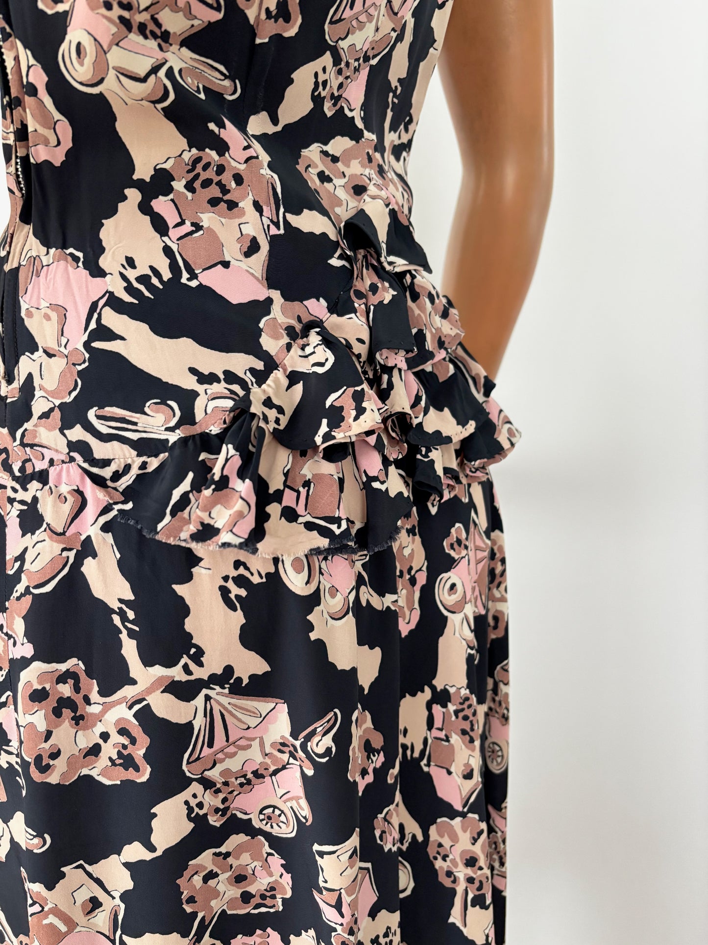 S | 1940s Carole King Novelty Print Dress