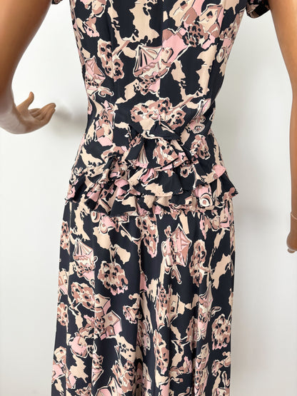S | 1940s Carole King Novelty Print Dress