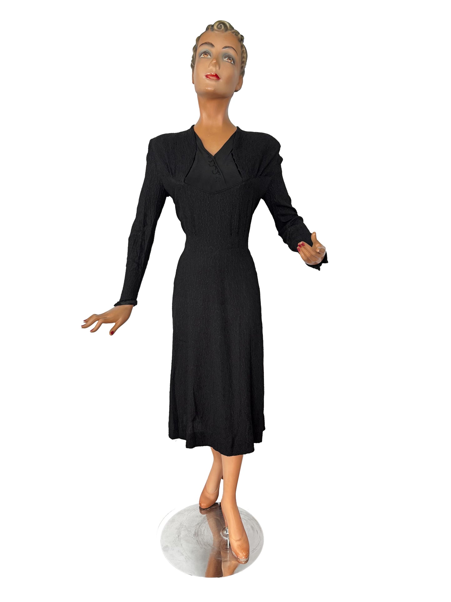 L | 1940s Black Crepe Dress With Jet Bead Detail