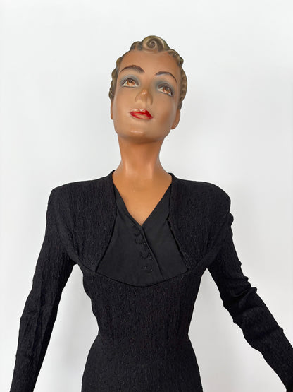 L | 1940s Black Crepe Dress With Jet Bead Detail