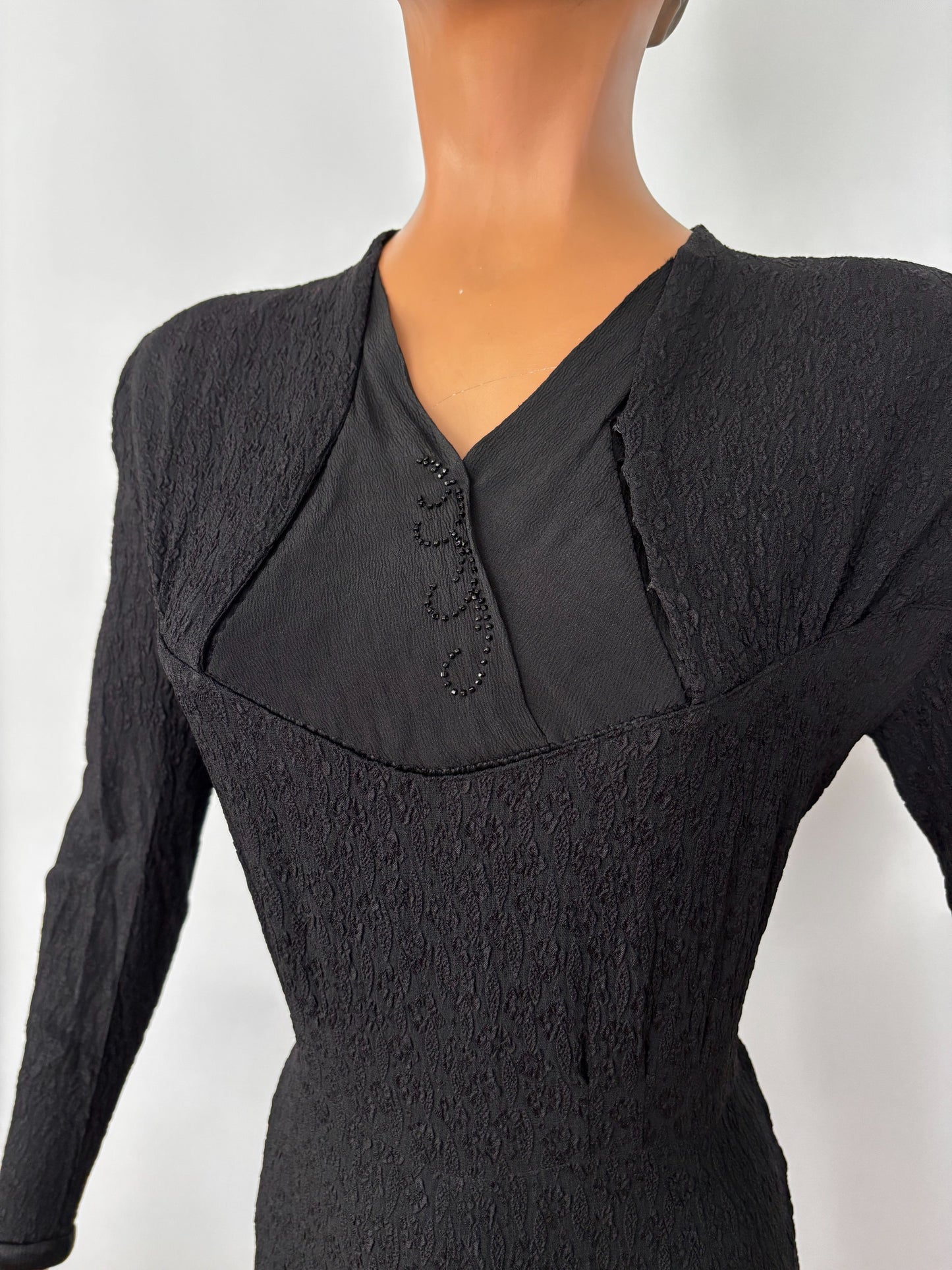 L | 1940s Black Crepe Dress With Jet Bead Detail