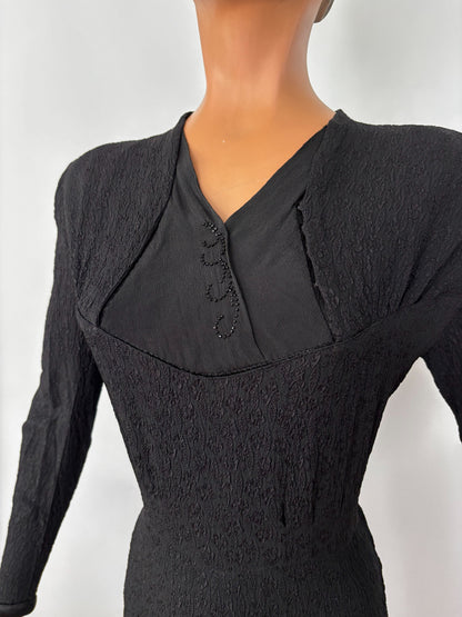 L | 1940s Black Crepe Dress With Jet Bead Detail