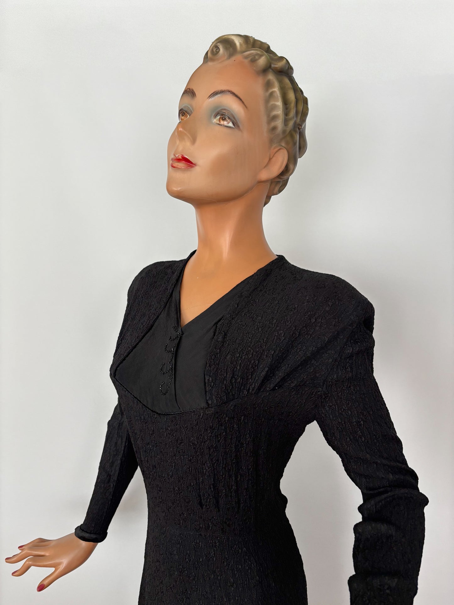 L | 1940s Black Crepe Dress With Jet Bead Detail