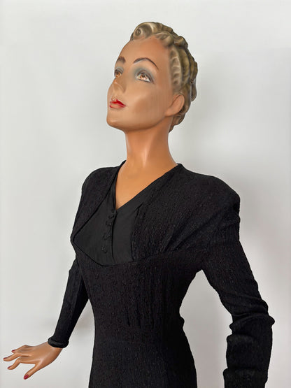 L | 1940s Black Crepe Dress With Jet Bead Detail