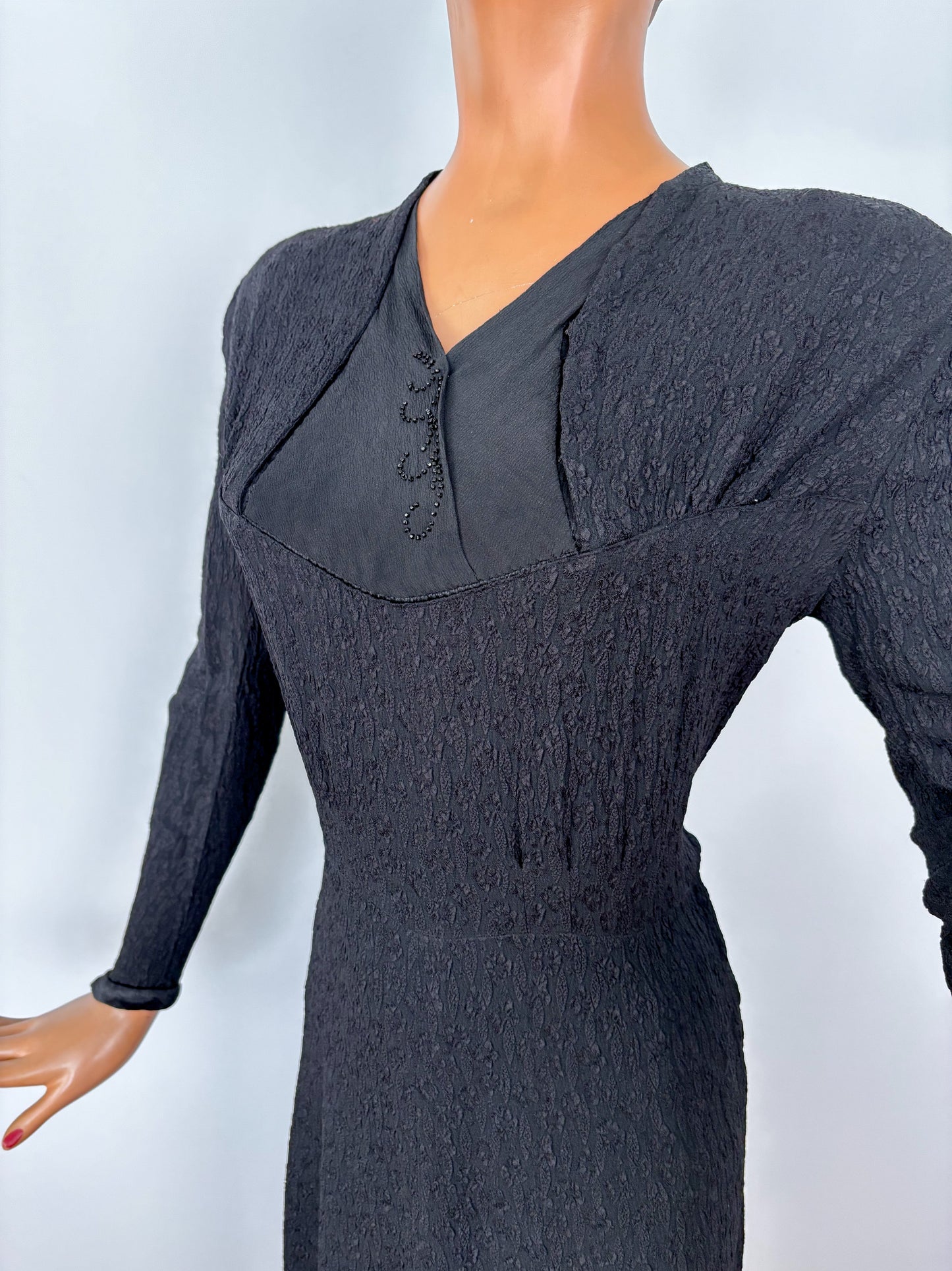 L | 1940s Black Crepe Dress With Jet Bead Detail
