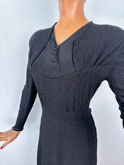 L | 1940s Black Crepe Dress With Jet Bead Detail