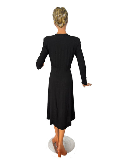 L | 1940s Black Crepe Dress With Jet Bead Detail