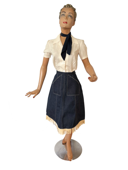 1940s NOS Denim Fringe Western Skirt | Size Small/Medium