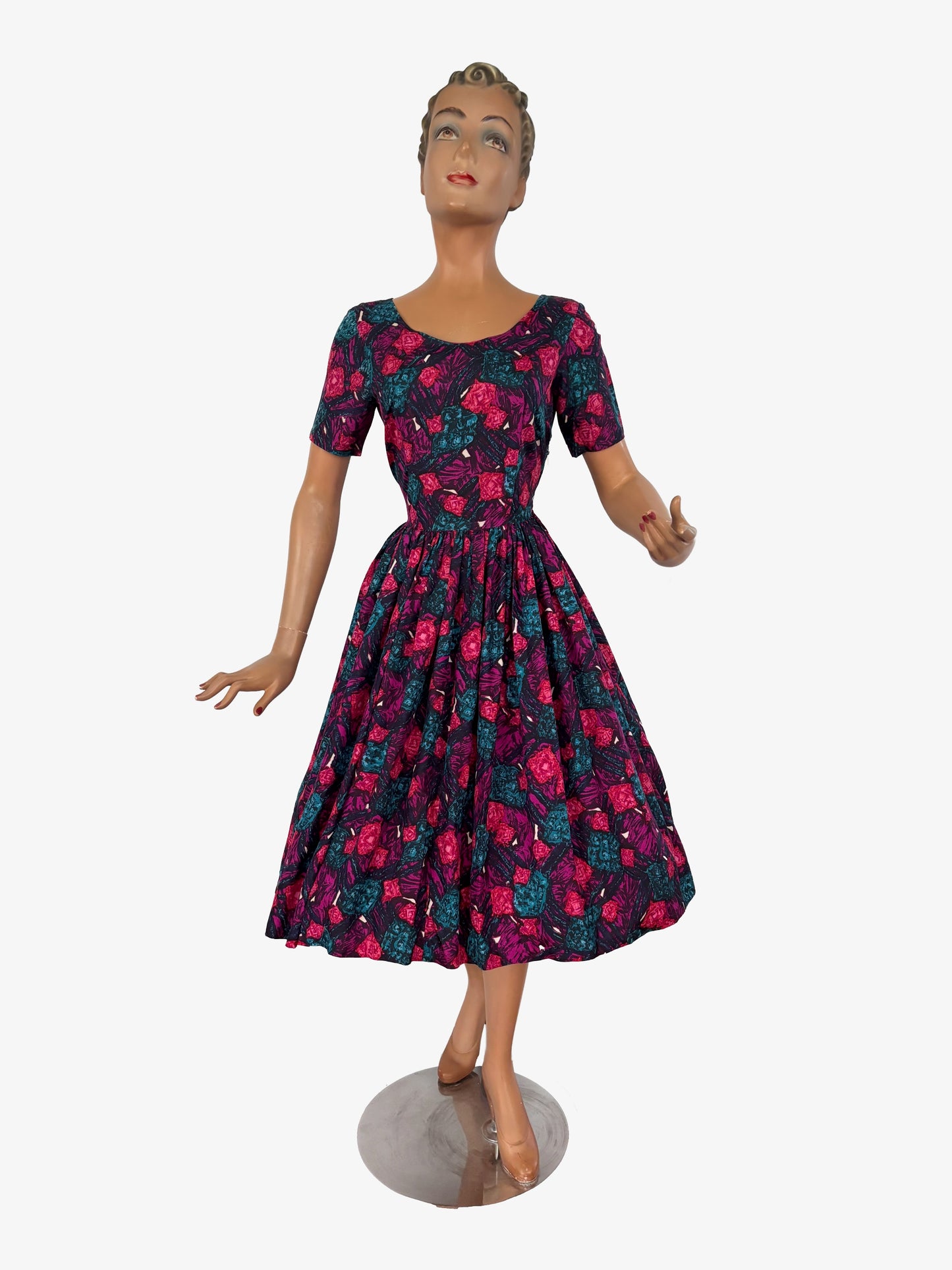 XS/S | 1950s Silk Swing Dress With Abstract Print