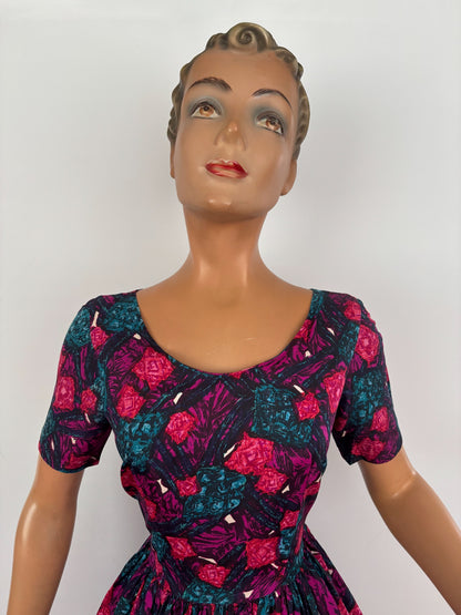 XS/S | 1950s Silk Swing Dress With Abstract Print