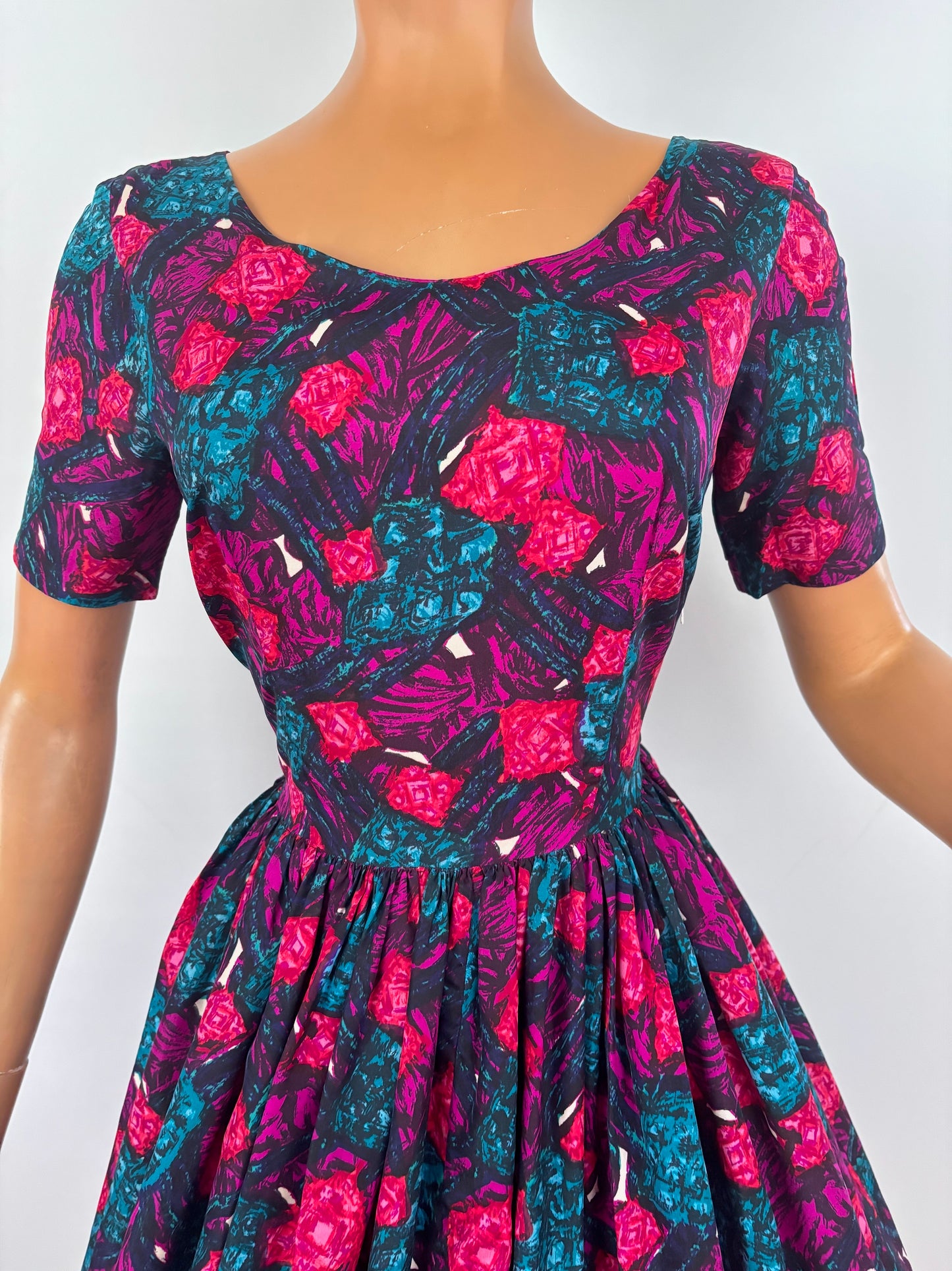 XS/S | 1950s Silk Swing Dress With Abstract Print