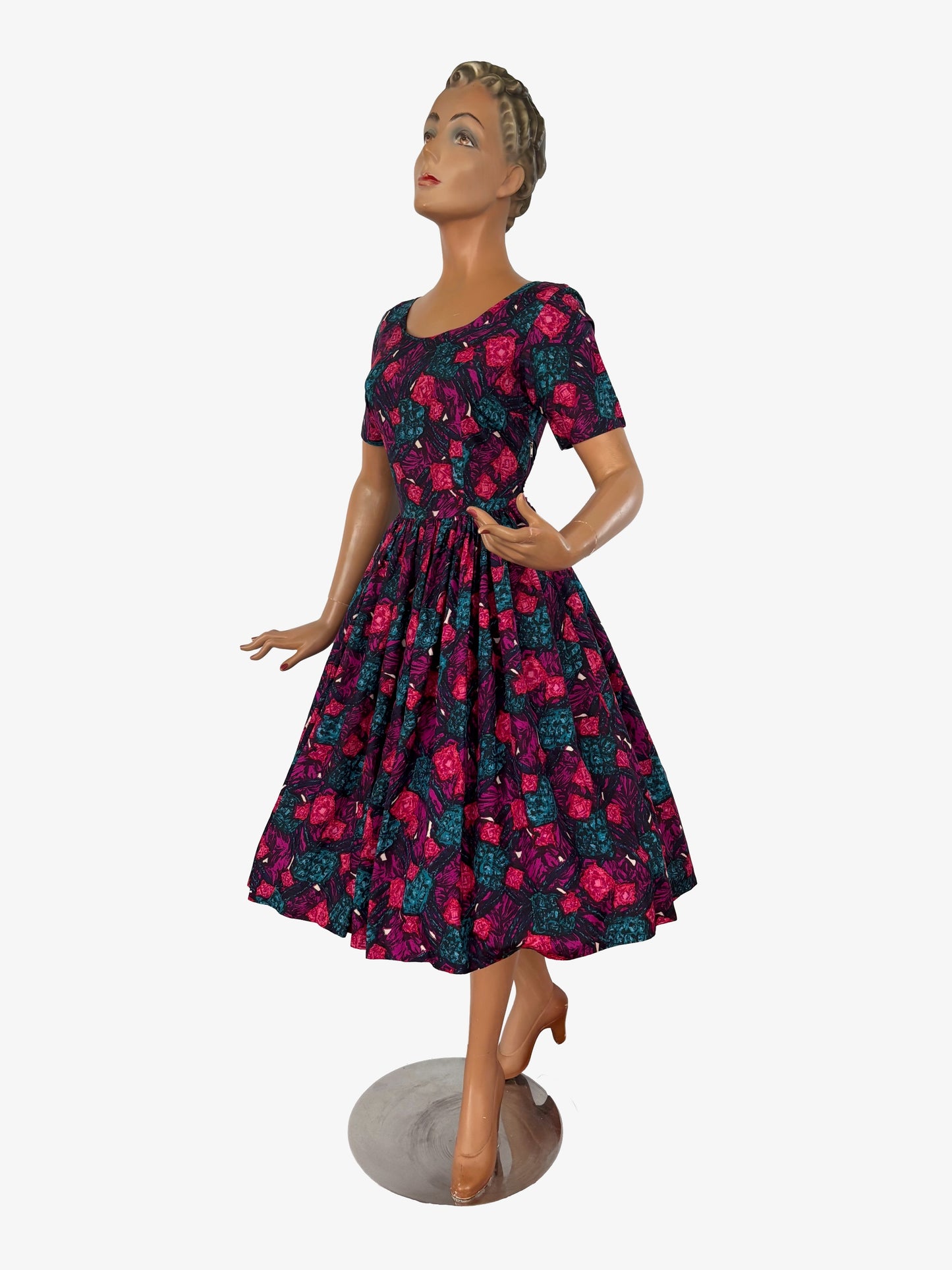 XS/S | 1950s Silk Swing Dress With Abstract Print