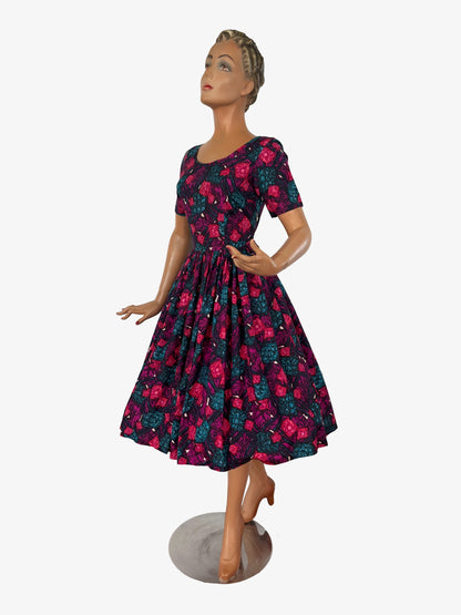 XS/S | 1950s Silk Swing Dress With Abstract Print