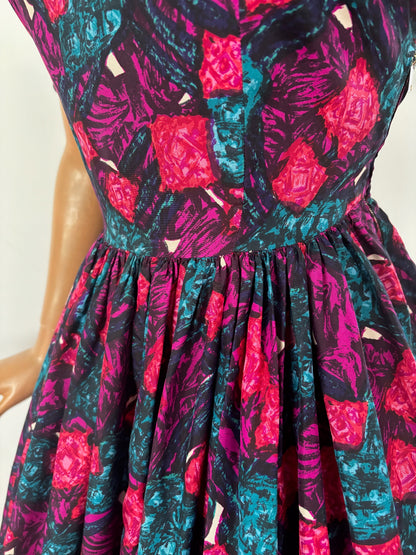 XS/S | 1950s Silk Swing Dress With Abstract Print