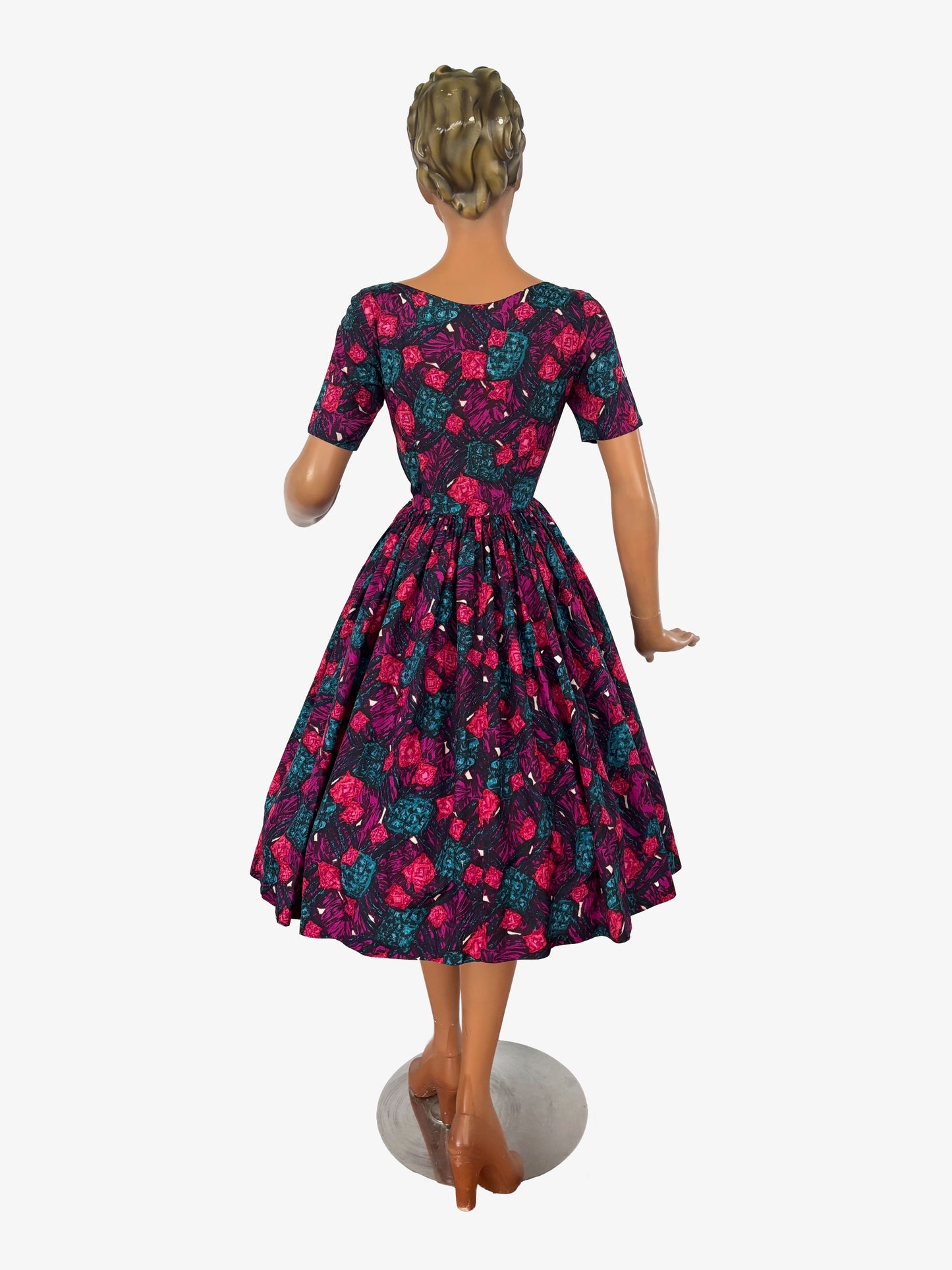 XS/S | 1950s Silk Swing Dress With Abstract Print