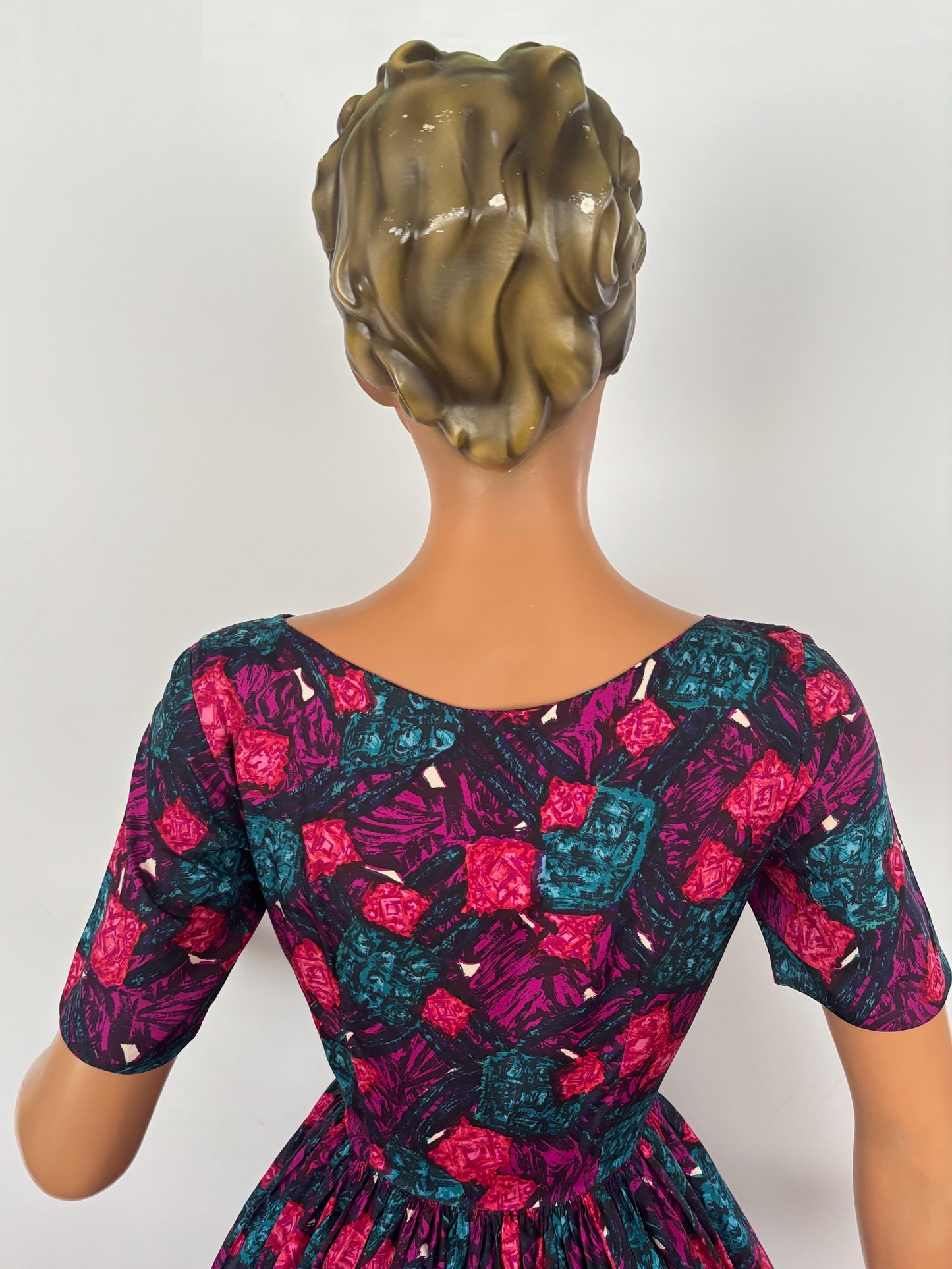 XS/S | 1950s Silk Swing Dress With Abstract Print