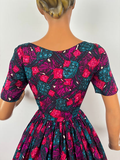XS/S | 1950s Silk Swing Dress With Abstract Print