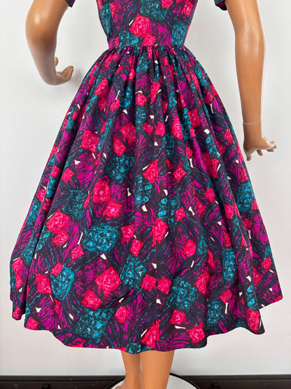 XS/S | 1950s Silk Swing Dress With Abstract Print
